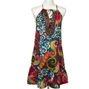 John John colorful cotton shift, beaded bib, small, bohemian, vacation, tropical